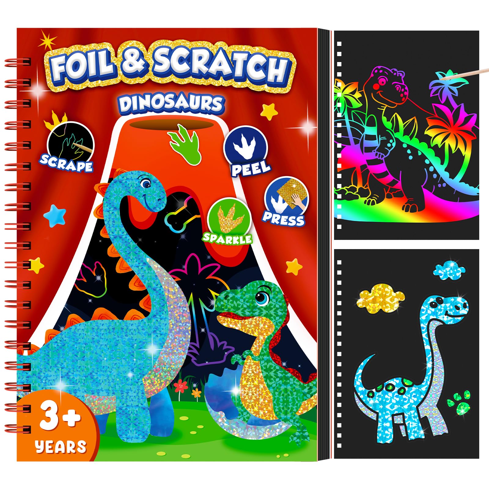 Art Craft Books - Dinosaurier-Kratzkunstbuch für Kinder, Folien- und Kratzkunstpapier,